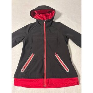 Athleta Softshell Jacket Womens Medium Black Red Good Hooded Full Zip Athletic